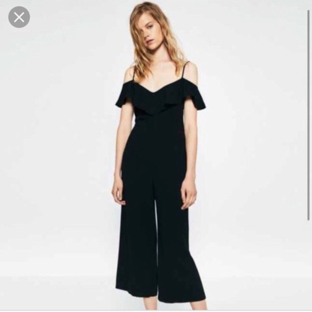 Zara Off The Shoulder Wide Leg Ruffle Jumpsuit